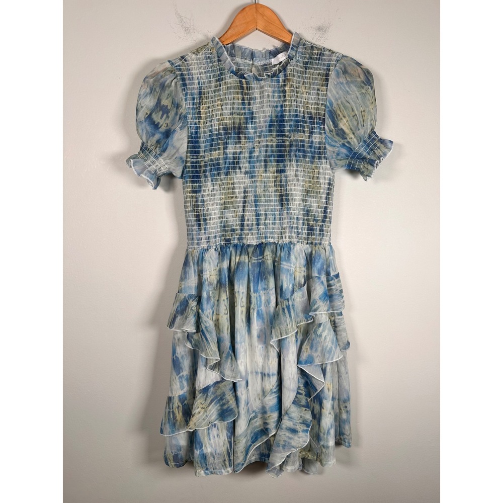 Olivaceous Tie Dye Smocked Mini Dress Womens Small Blue Ruffle date fairycore